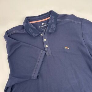Tommy Bahama Mens XXL Navy Blue‎ Island Polo Shirt Floral Collar Fish Logo